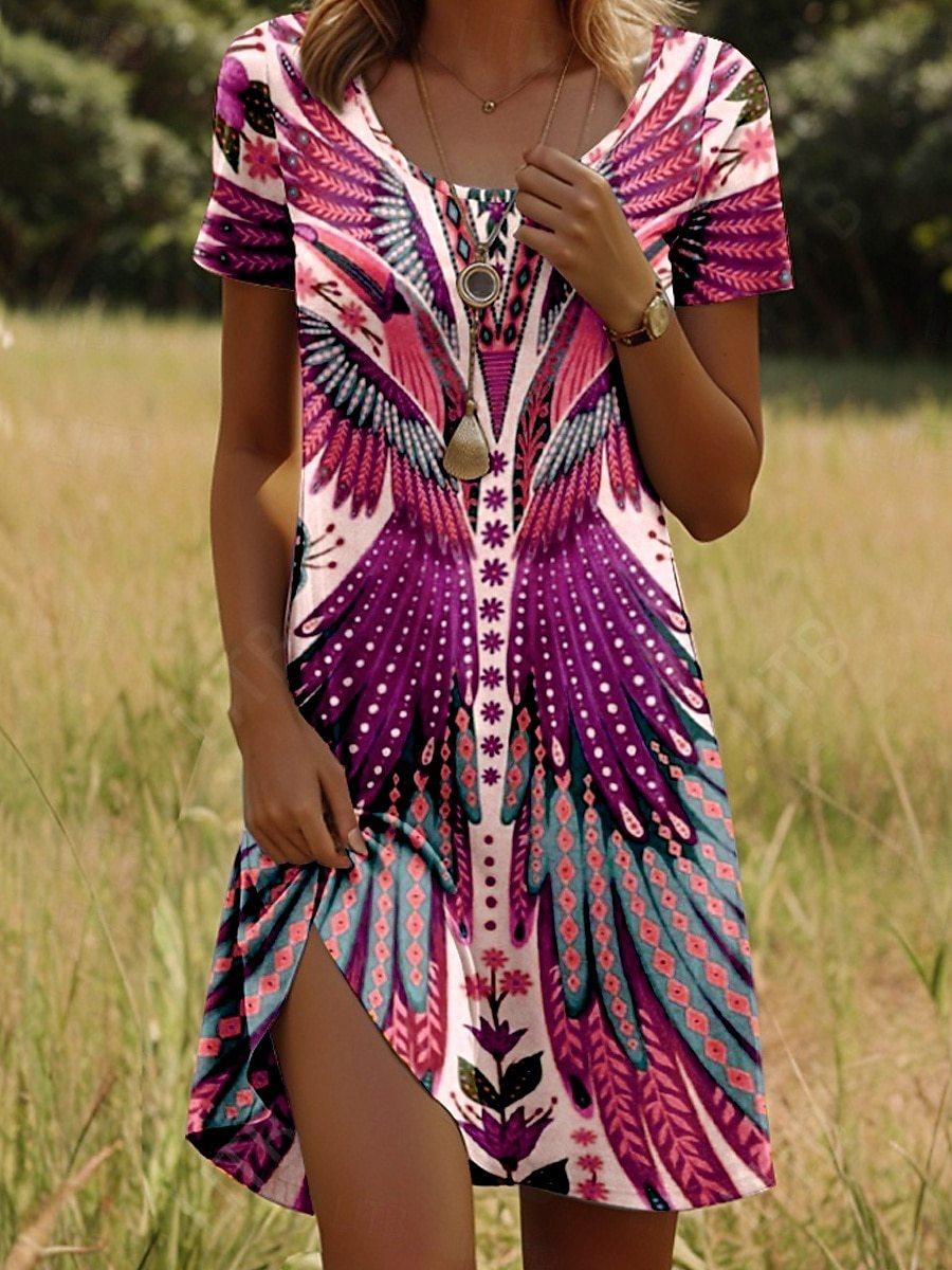 Printing Element Round Neck Short Sleeve Dress
