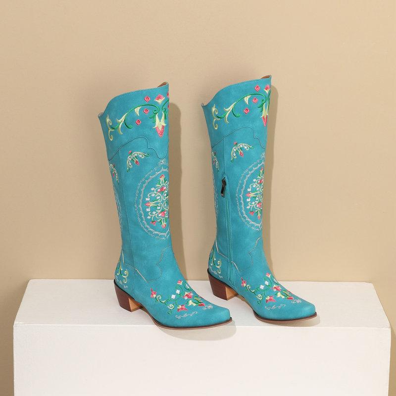 Chunky-Heel Retro Embroidered Side-Zip Colorblock Western Mid-Calf Boots Womens Boots