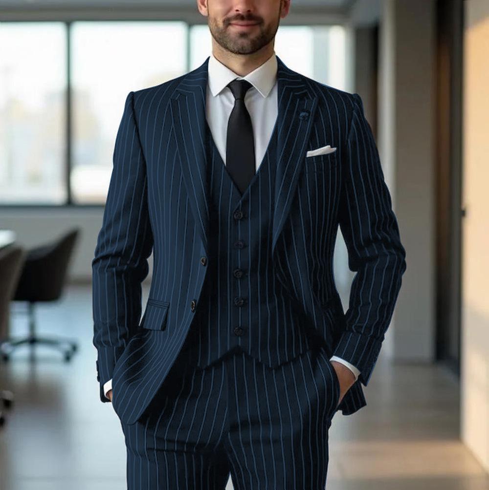 Black Vertical-Stripe Mens Formal Suit Three-Piece Set