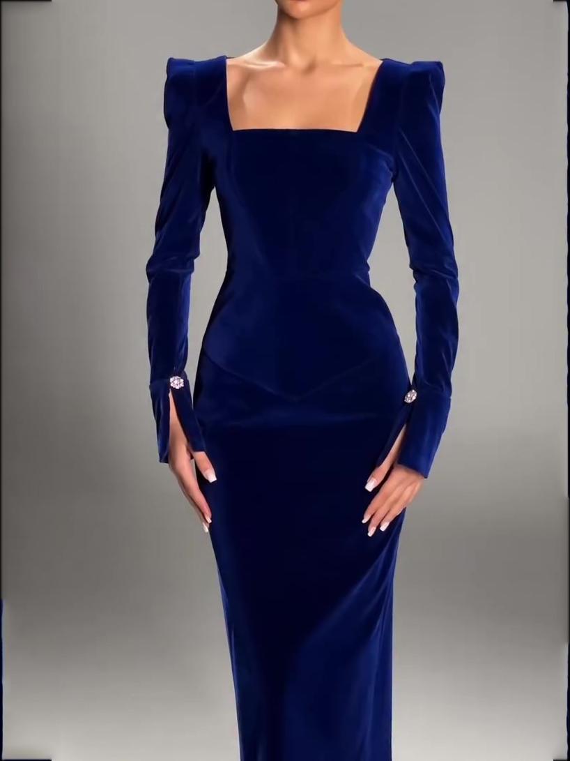 Navy Velvet Square Neck Midi Dress