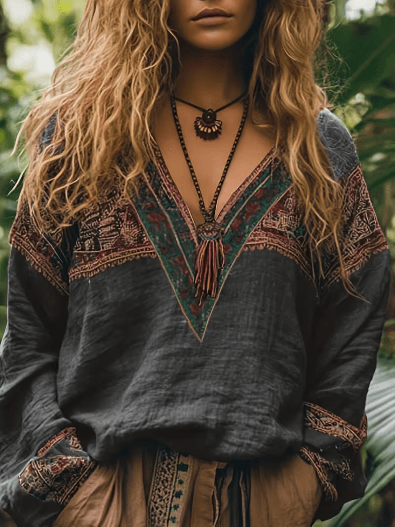 Ethnic Style V-neck Printed Loose-fitting Women's Long-sleeved Casual Top