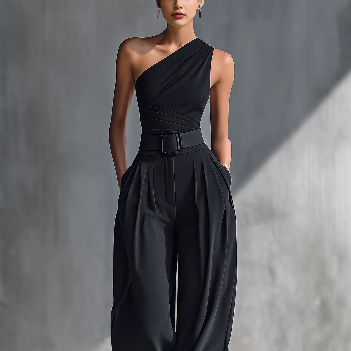Tight-fitting Stretch Top And Wide-leg Pants Set