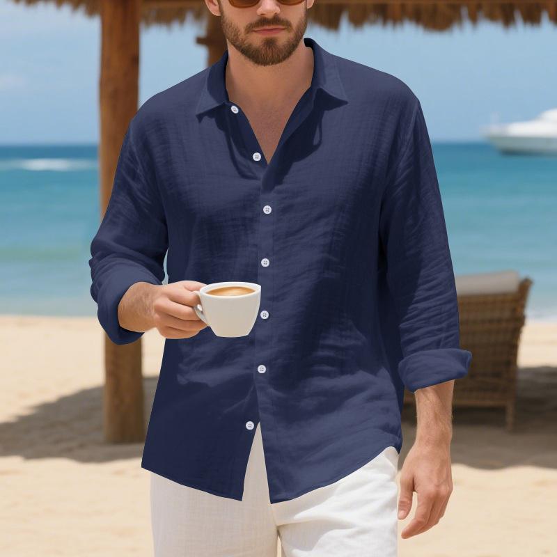 Plus-size Mens Linen American-style Loose-fit Hawaiian Casual Long-sleeve Shirt