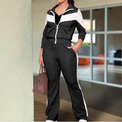 Fashionable And Comfortable Color-block Sporty Zip-up Jacket And Casual Pants Two-piece Set