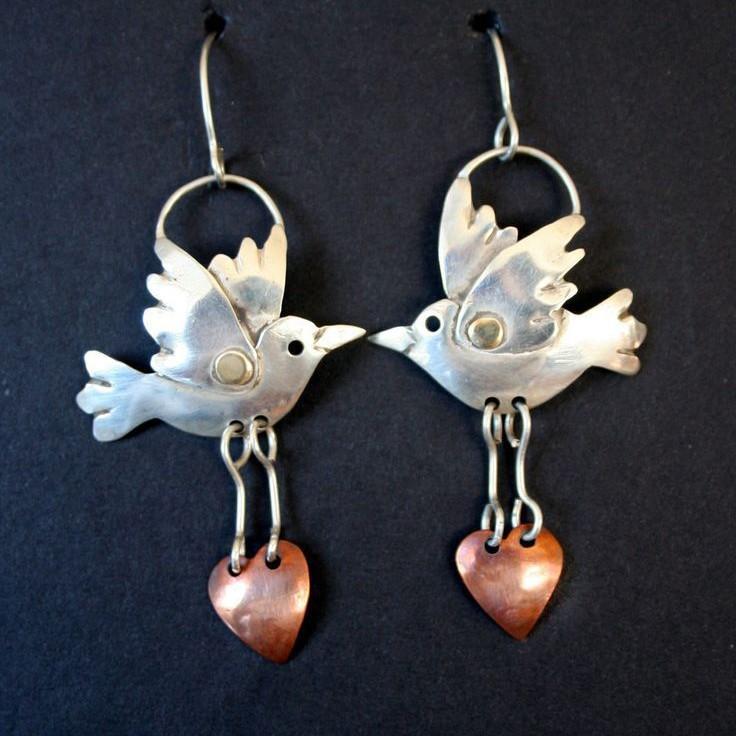 Creative Retro Metal Bird Heart Pendant Earrings For Women