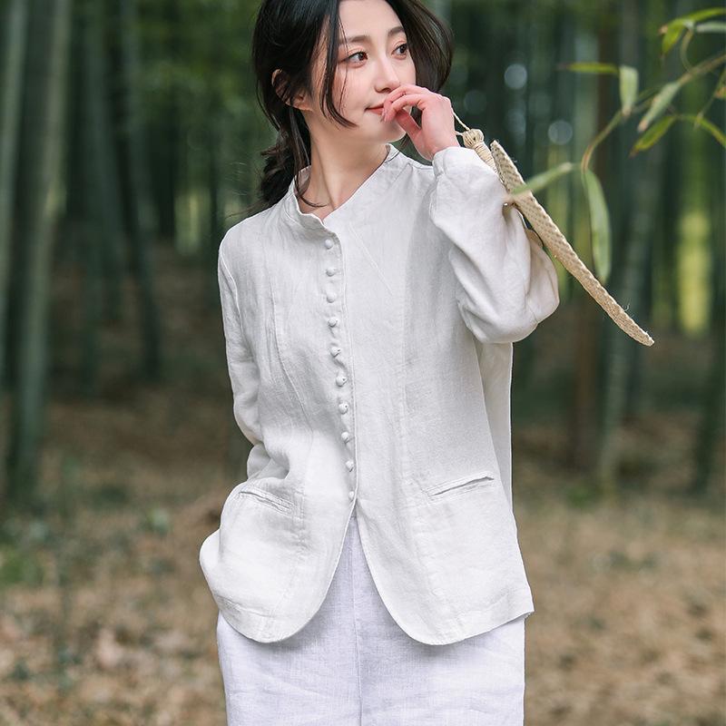 Long-sleeved Loose-fit Linen Patchwork Jacket