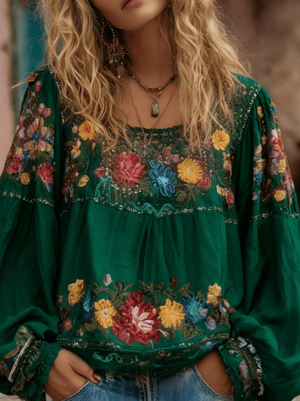 Square-neck Loose Lantern-sleeve Cotton And Linen Top
