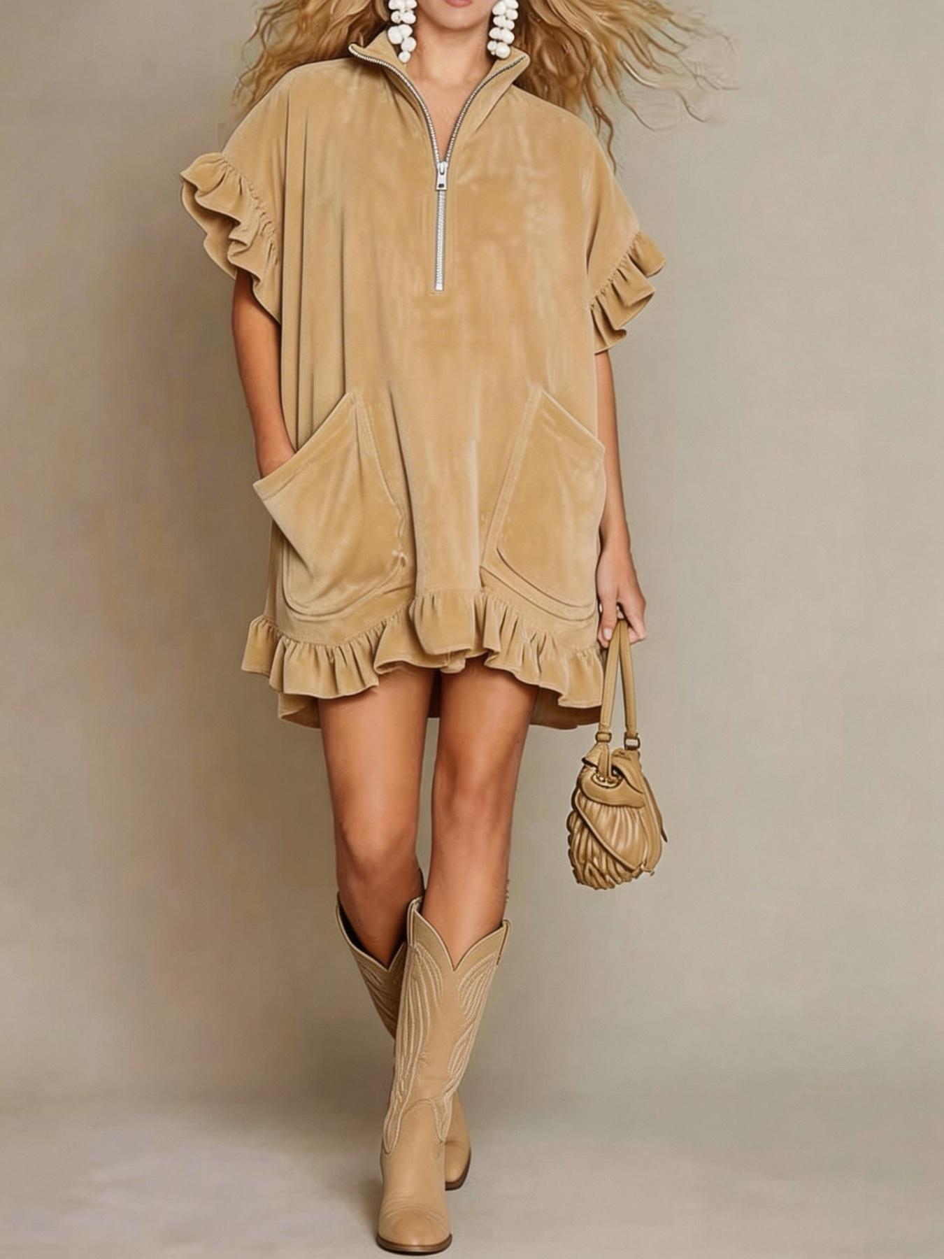 Women's New Spring And Summer Short-sleeved Double Pocket Dress Zipper Ruffle Sleeve A-line Skirt For Women