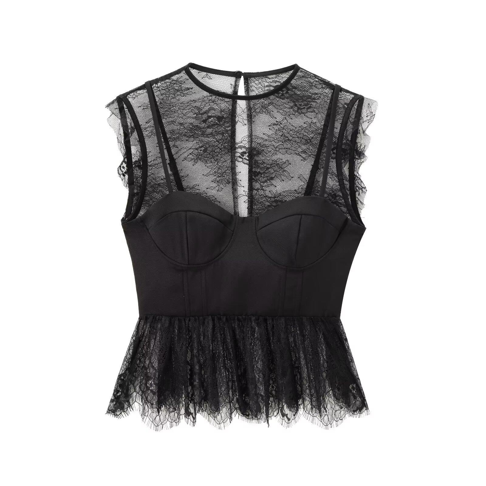 European And American-style Chic Mature-yet-trendy Sexy Lace-panel Top