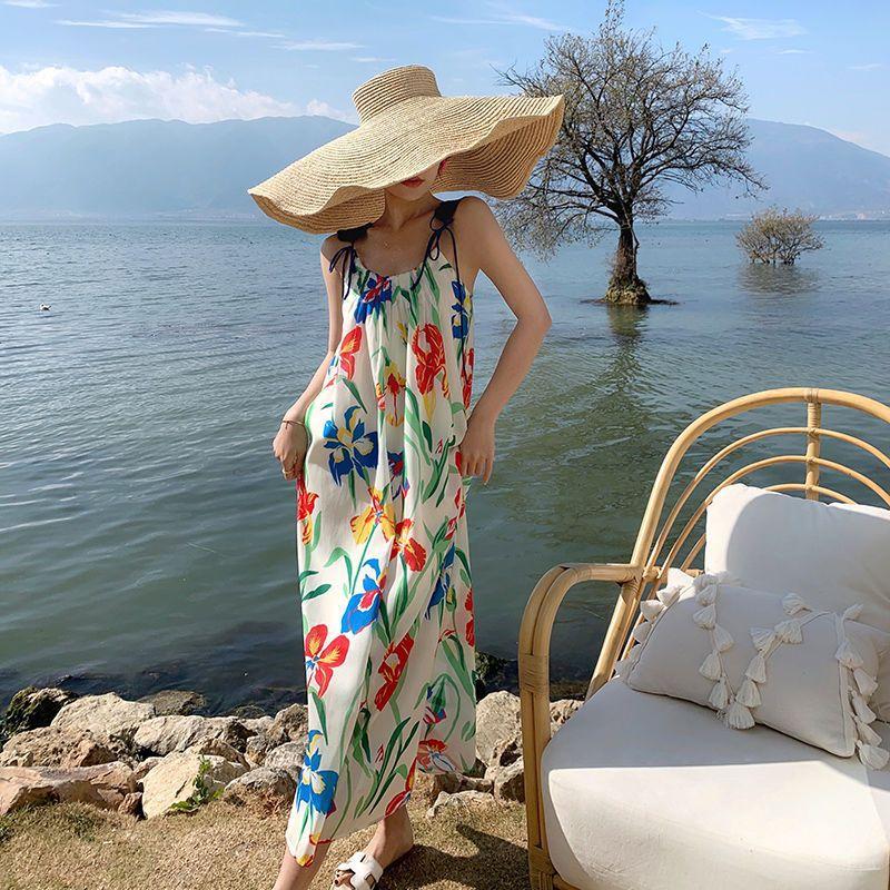 Printing Slip Dress Seaside Vacation Beach Women