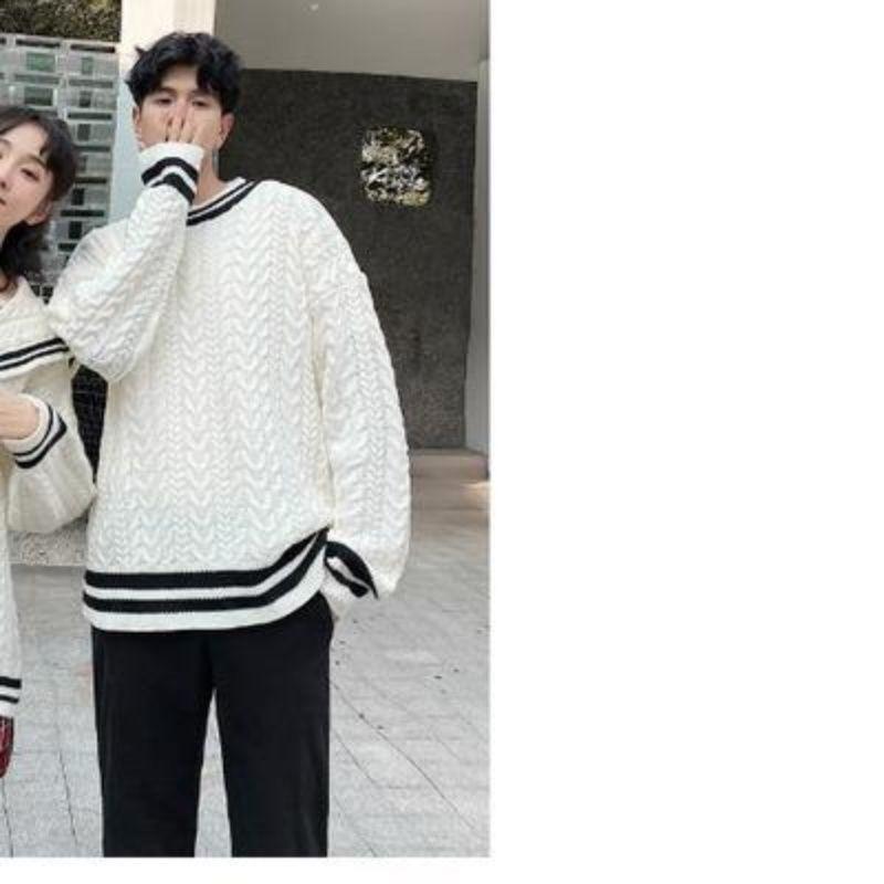 New Japanese-style Color-blocked Round-neck Thick Fairy Sweater In White