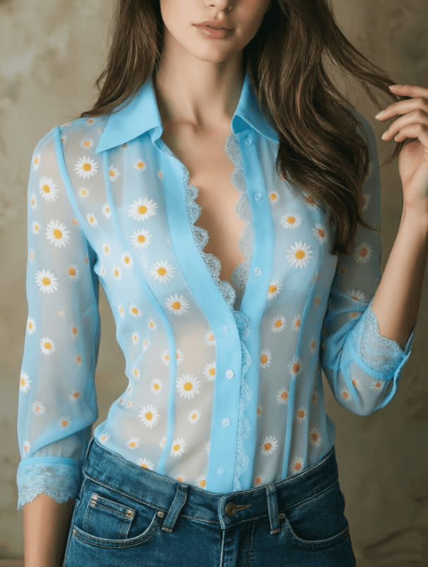 Lace V-neck Women's Long-sleeved Shirt