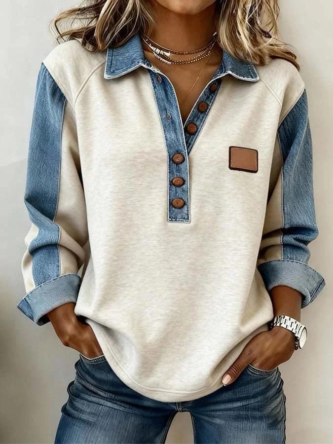 Denim Patchwork Collar Button-down Casual Long-sleeved Top