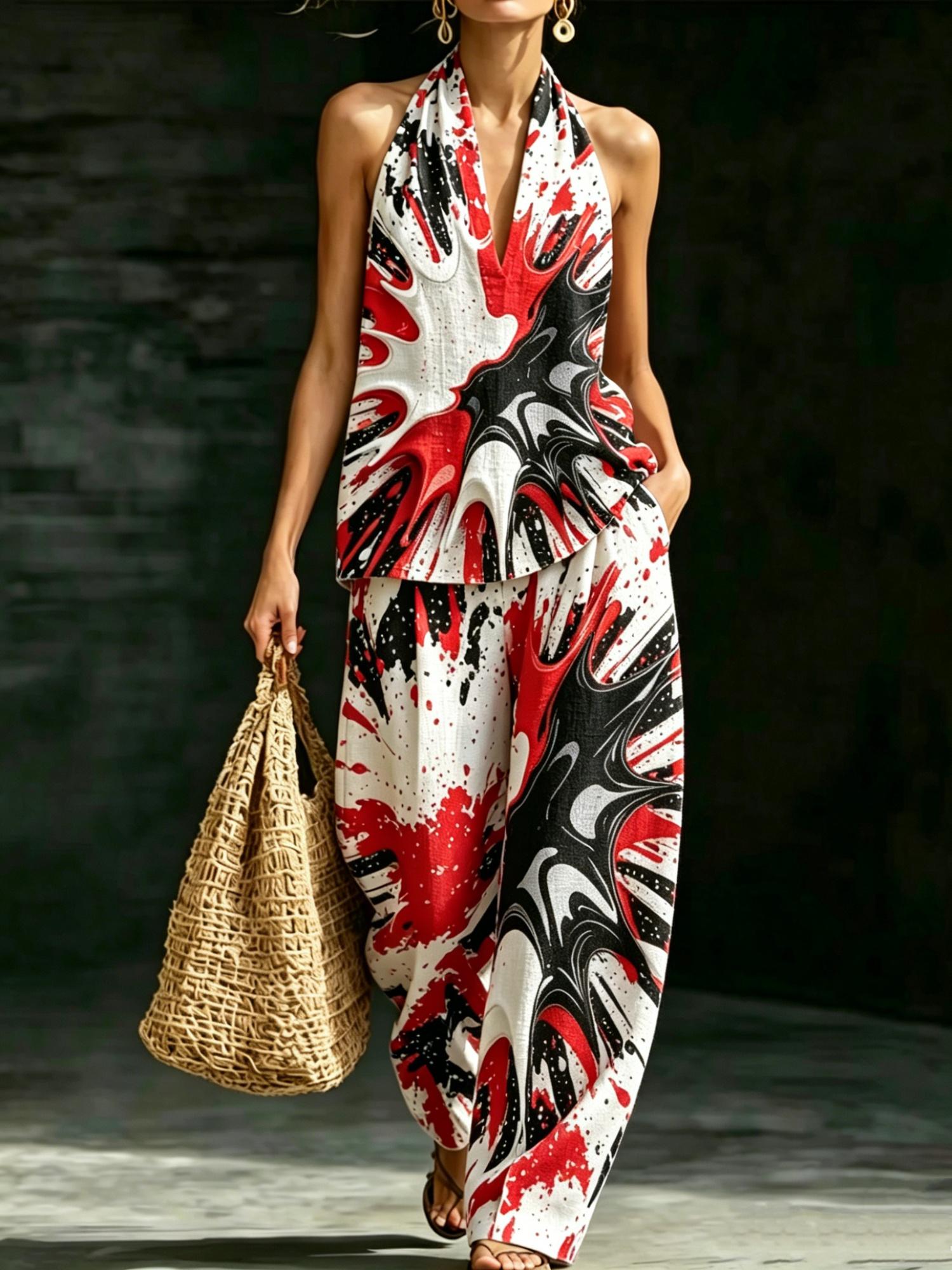 Loose V-neck Sleeveless Striped Casual Suit