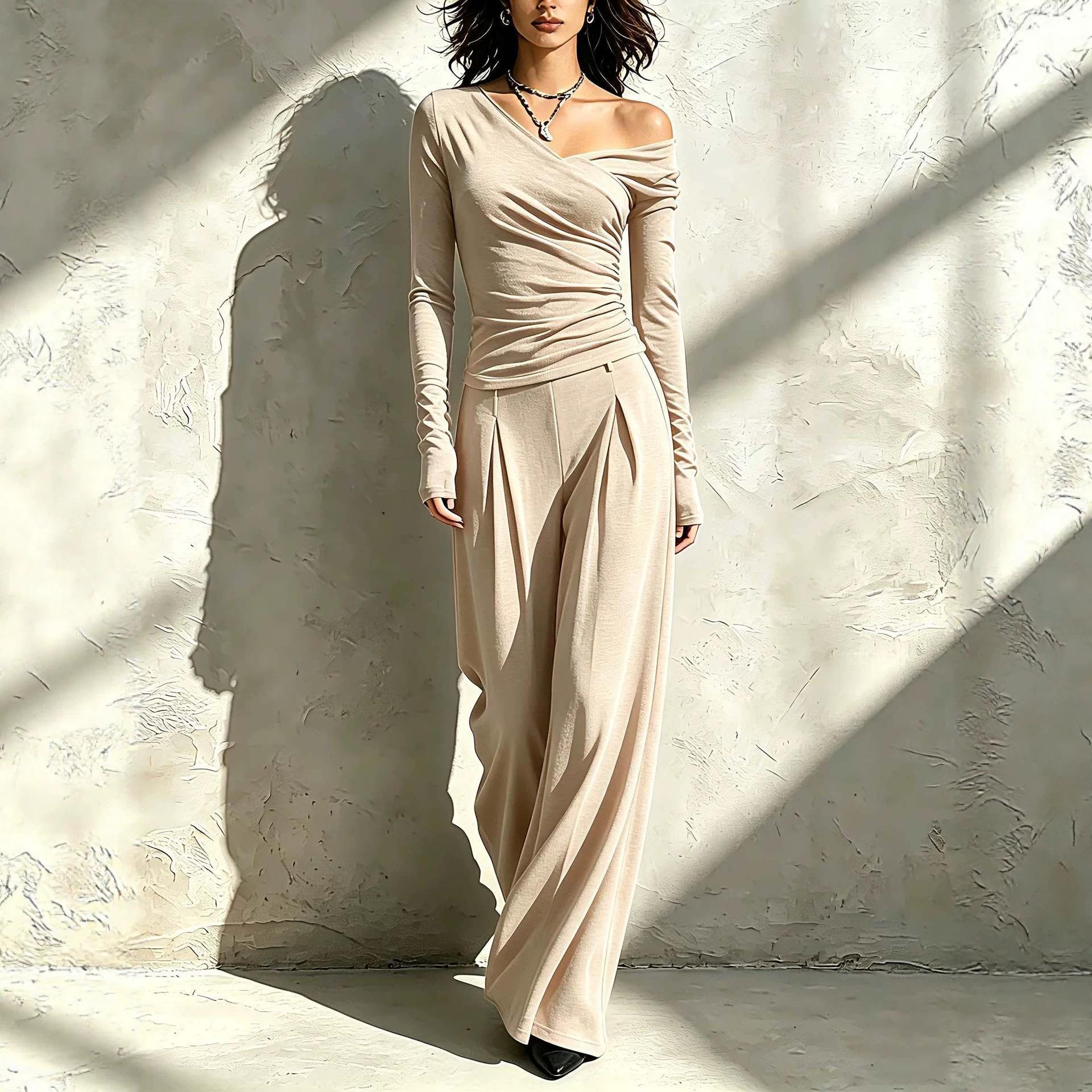 Irregular Off-shoulder Long-sleeve Top High-waisted Wide-leg Pants Womens Outfit