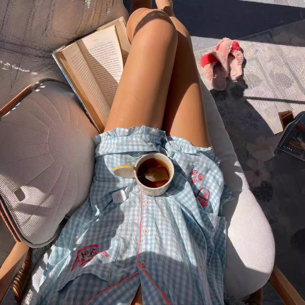 Plaid Teapot Embroidered Pajama Set For Women