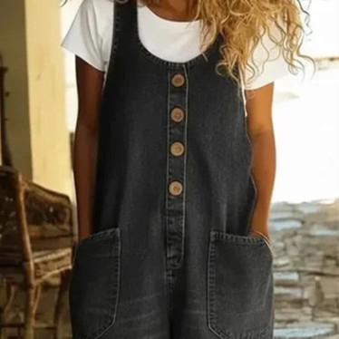 Retro Wide-leg Strap Womens Sleeveless Pocket Denim Jumpsuit