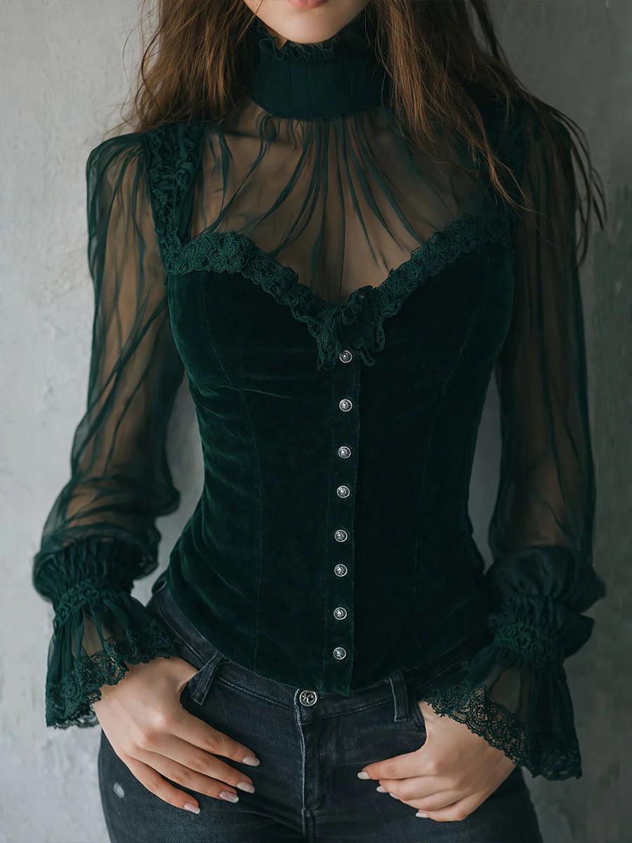 Mesh-panel Black Lace Top With Hollow-out Floral Trim