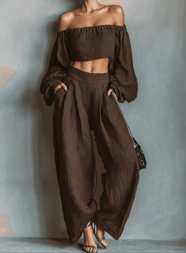 2026 New Off Shoulder Lantern Sleeves Linen Two-piece Set