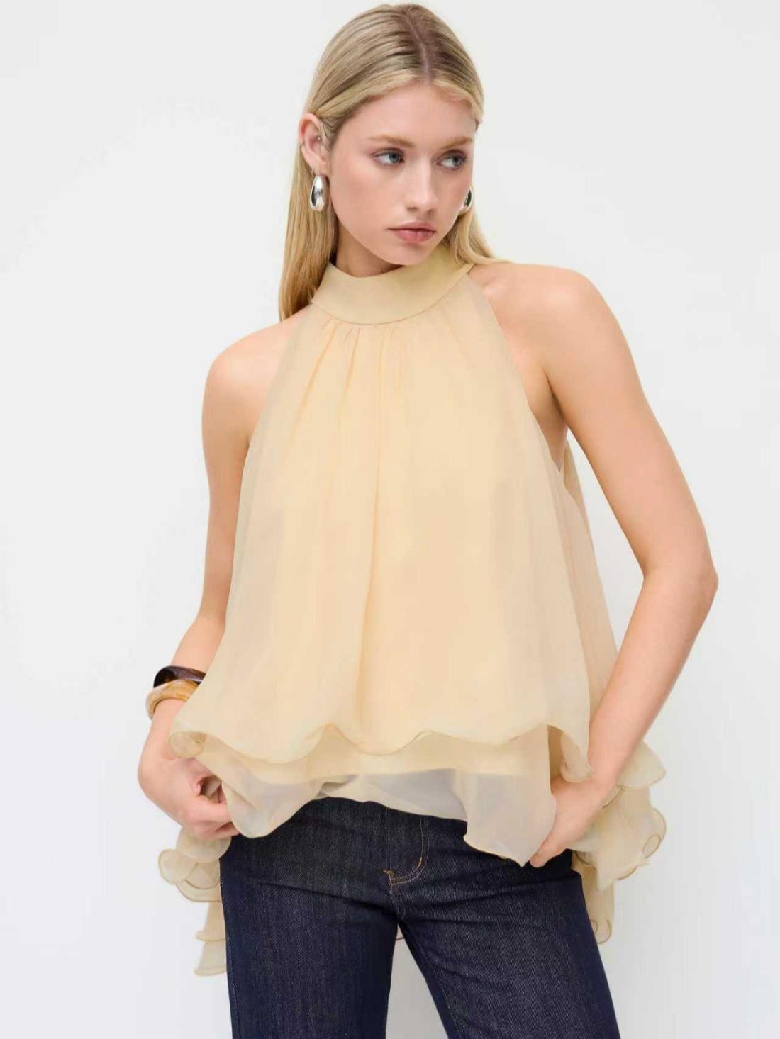 Sweet-style Womens Summer Chiffon Top Figure-flattering Ruffled Frill French Halterneck Blouse