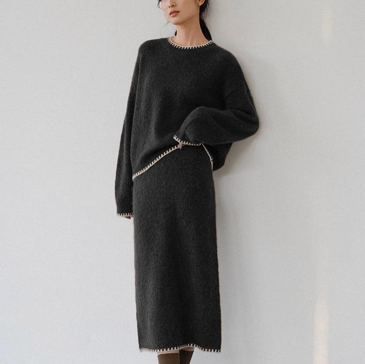 Round Neck Contrasting Edge Knitted Skirt Set