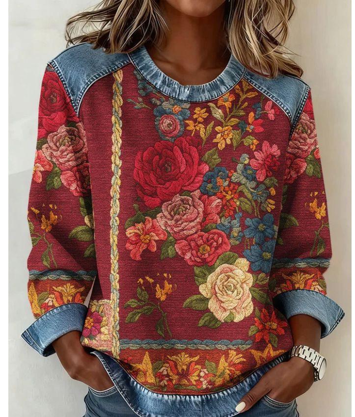 Womens 3D Digital-Print Crew-Neck Fashion Pullover Long-Sleeve Sweatshirt