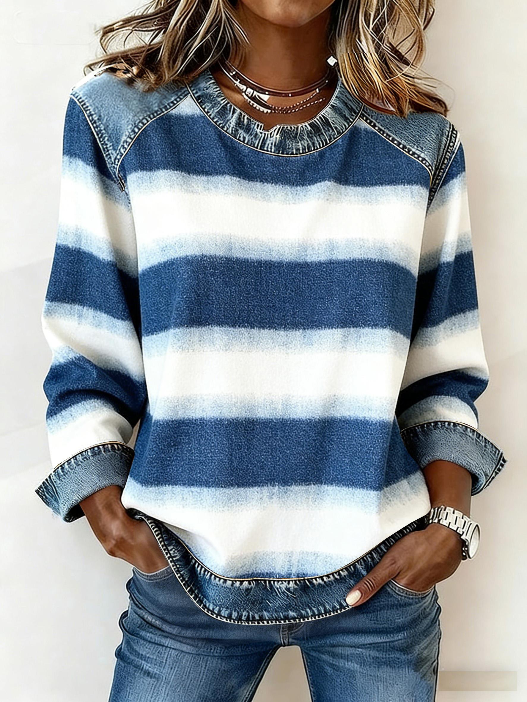 Casual Round Neck Color-blocked Printed Long-sleeved Loose Top
