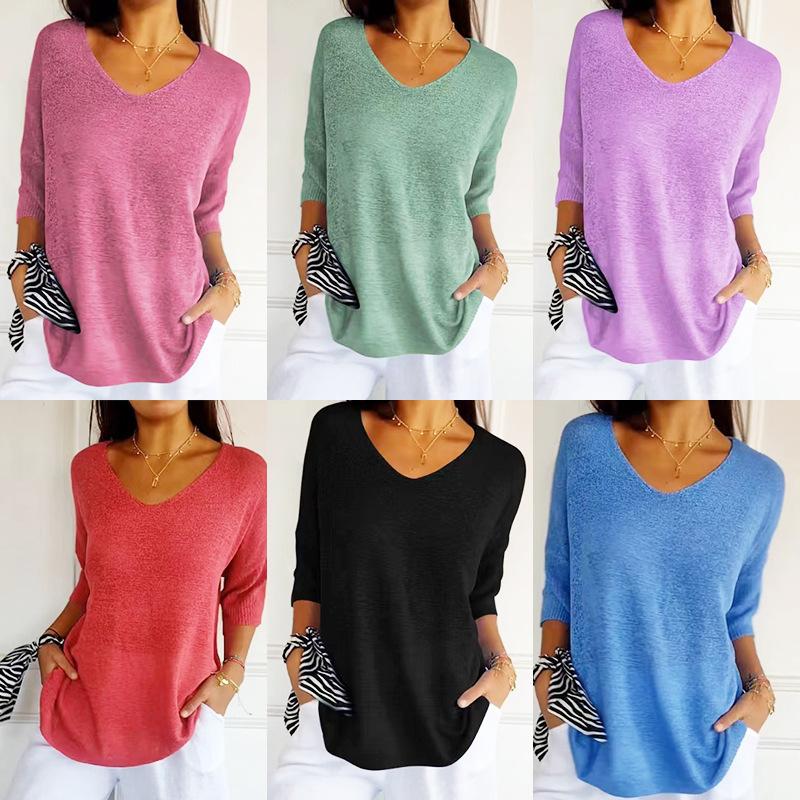 Knitwear Casual Sweater Slimming V-neckline 34 Sleeve Women's Bottoming Shirt