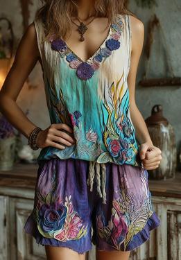 Women's Floral Embroidery V-neck Vest And Shorts Two-Piece Set