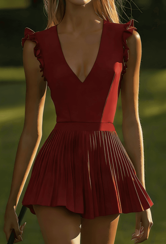 V-neck, Ruffled Trim, Fitted Waist, Pleated French-style Short Dress