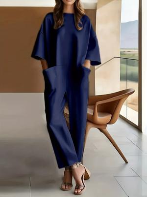 Women's Short-sleeve Long Casual Jumpsuit With A Round Neck And Wide-leg Fit