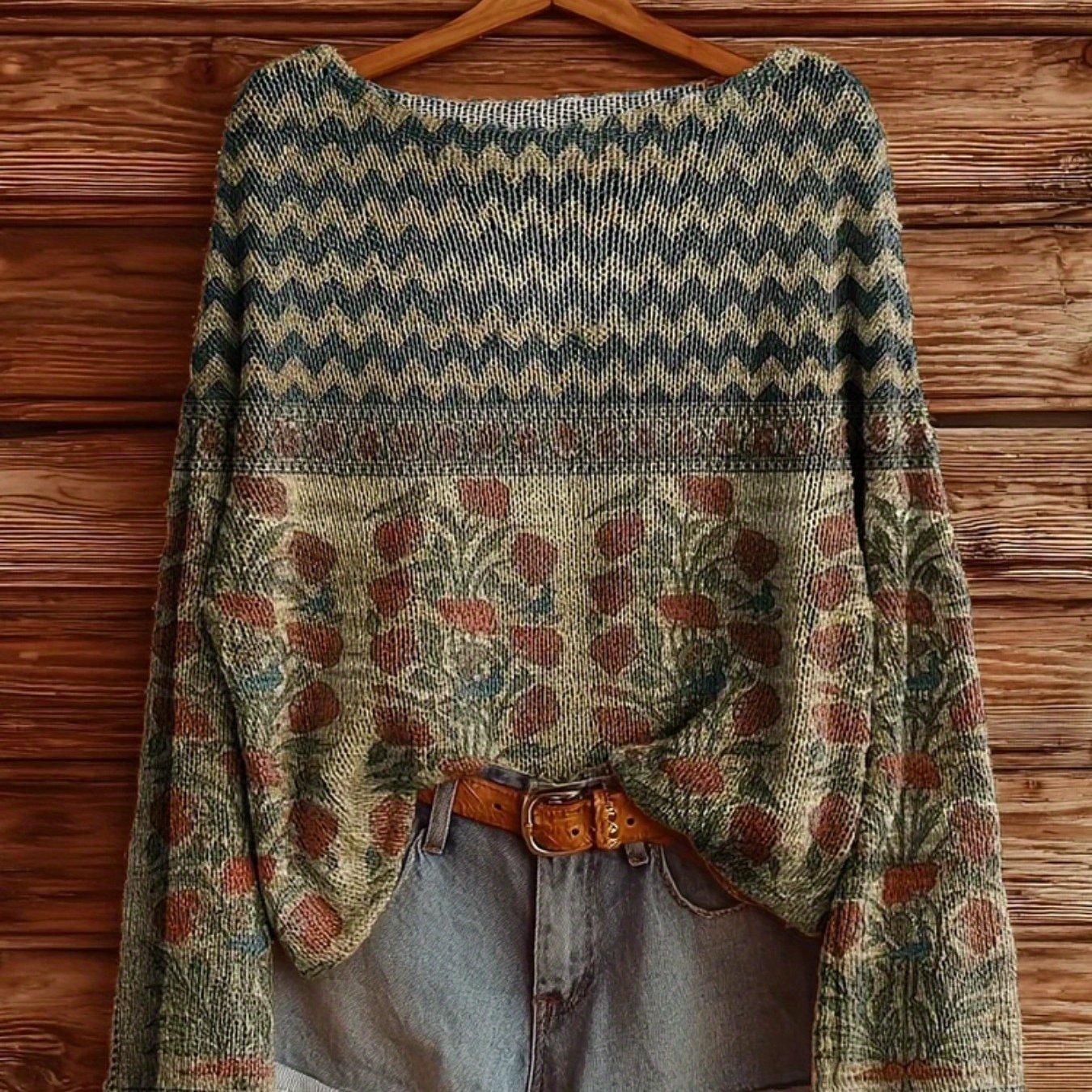 Women's Bohemian Vintage Floral Sweater - Oversized Crew Neck Warm Winter Pullover With Multicolor Floral Print