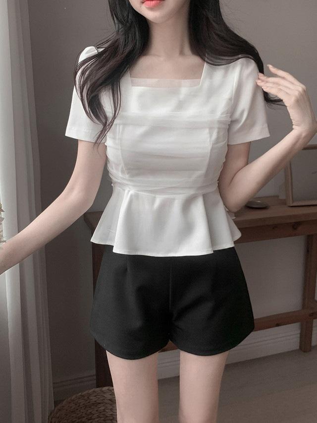 Mesh-panelled Square-neck Top With Puff Sleeves