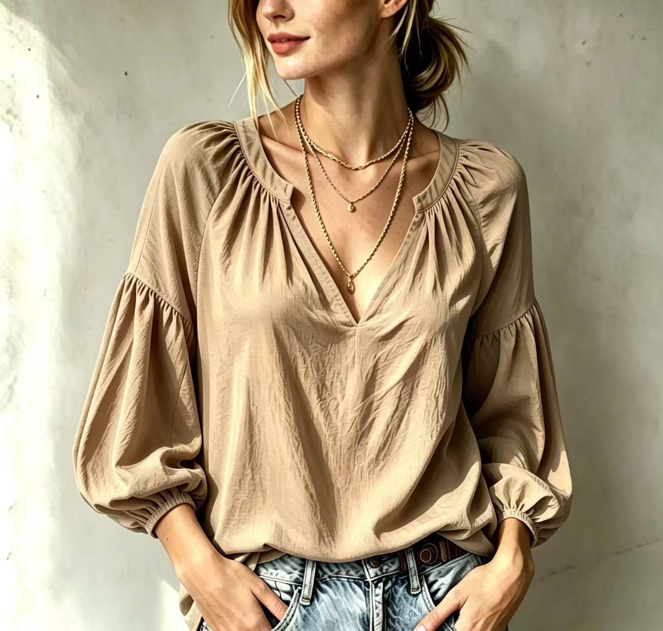 Womens Casual V-neck Pleated Loose-fit Long-sleeve