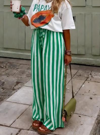 Women's Loose Casual Contrast Striped Printed Straight Trousers