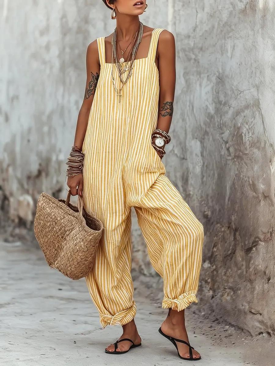 Striped Printed Loose Casual Jumpsuit For Women