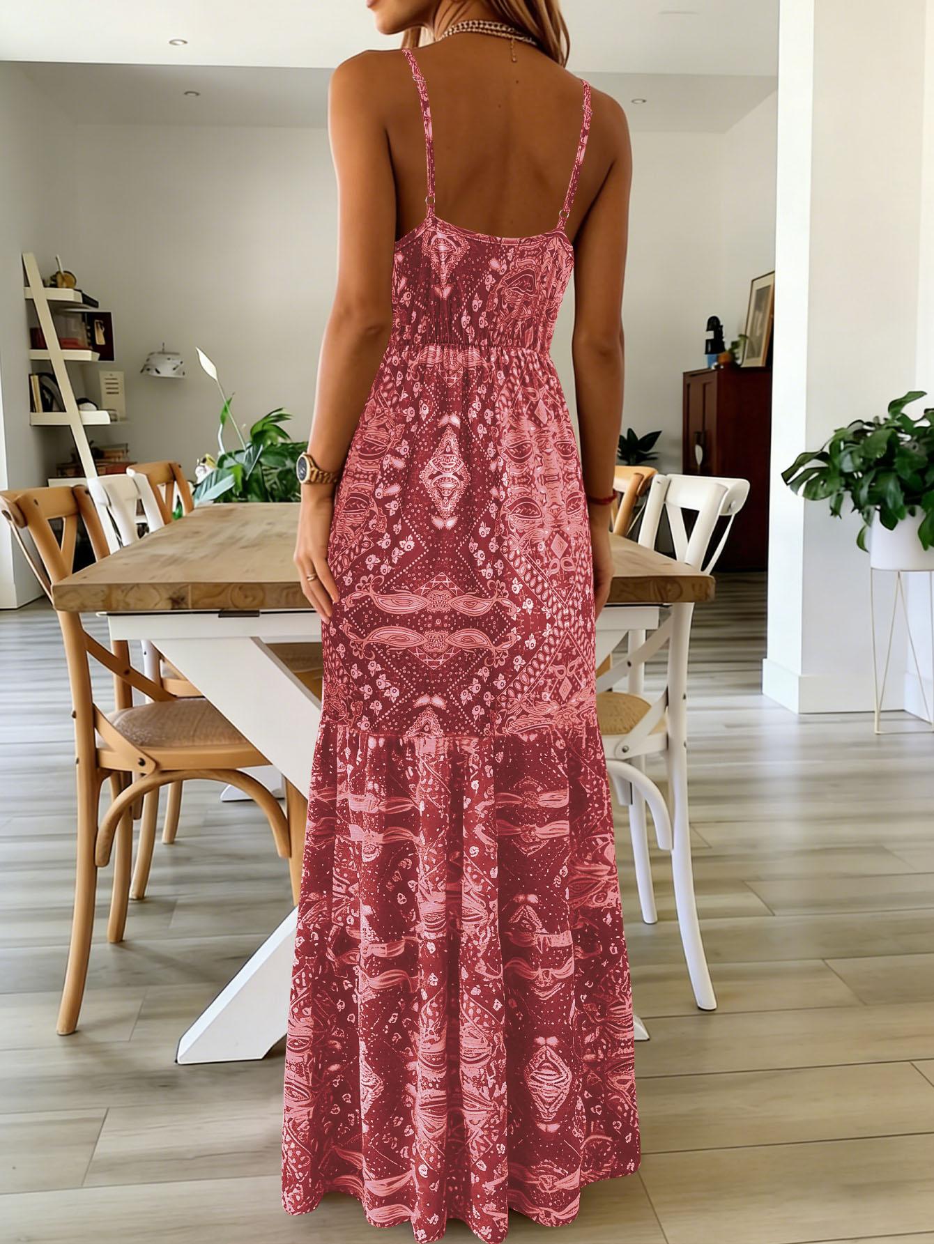 Plus Size Women's Boho Floral Print Spaghetti Strap Maxi Dress, High Waist V Neck Bohemian Long Dress