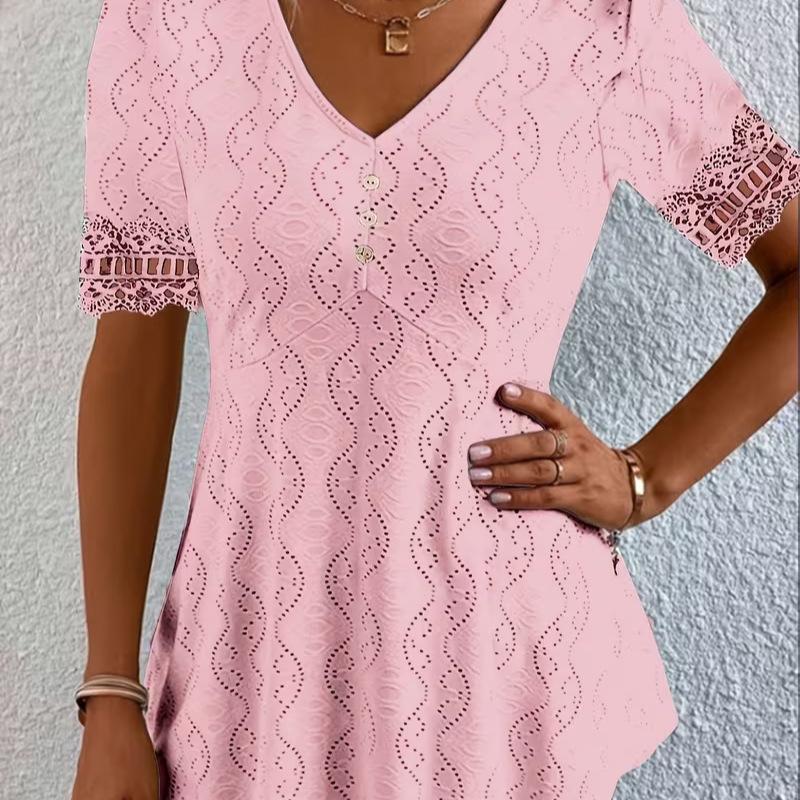 Womens V-neck Jacquard Hollow-out Lace Top