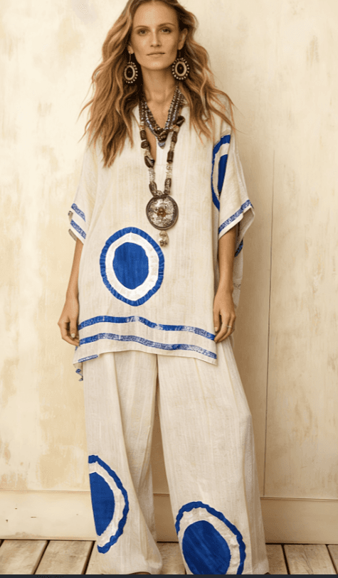 Blue White Print Bohemian Loose Two-Piece Set