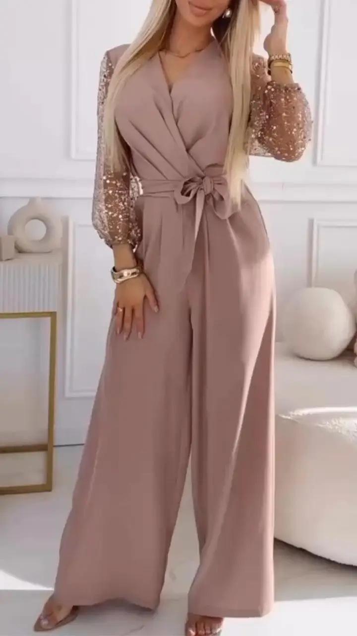 V Neck Defined Waist Sexy Mesh Patchwork Straight Suit For Women