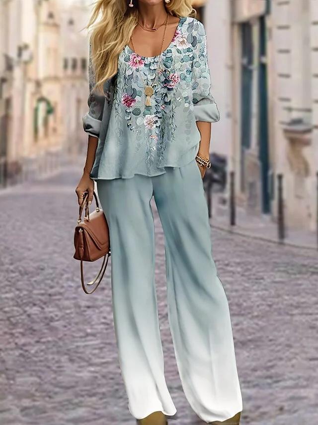 Half Sleeve Round Neck Top Lengthened Trousers Printed Women's Suit