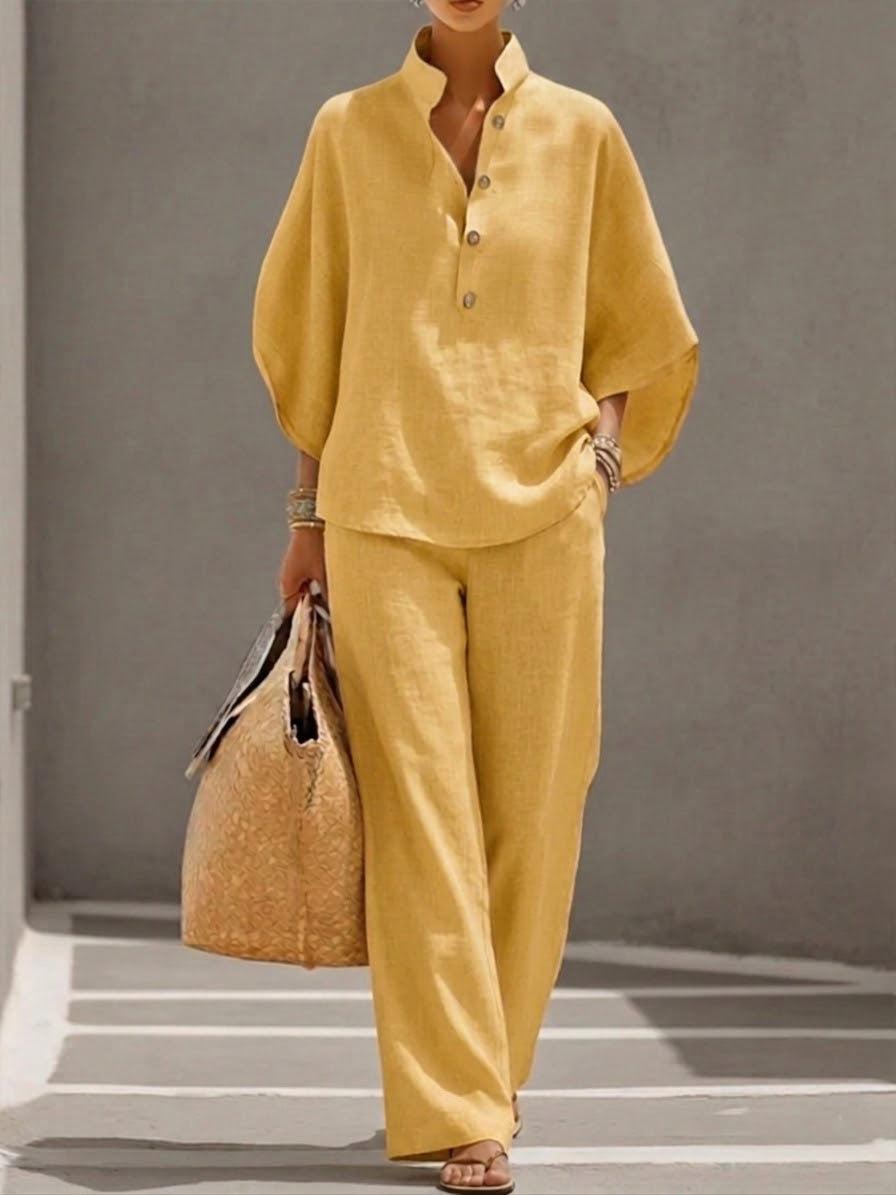 Linen Blend Stand Collar Half Button Batwing Sleeve Top & Wide Leg Pants Casual Two Piece Vacation Outfit Set