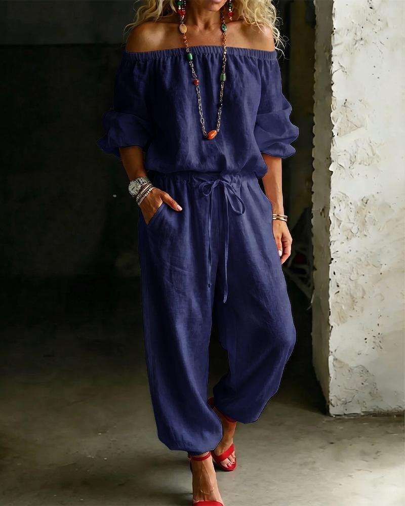 One-shoulder Top And Casual Drawstring Jogger Pants Jumpsuit Set