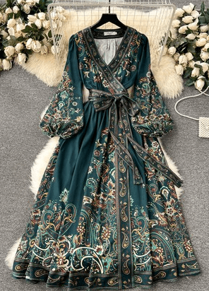 Ethnic Print V-neck Fitted Dress