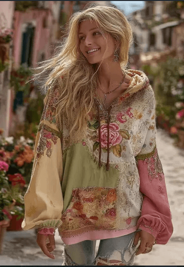 Vintage Hooded Jacket Versatile Lace-up Printed Sweatshirt