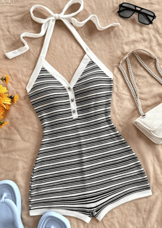 Black & White Striped Halter Knit Romper