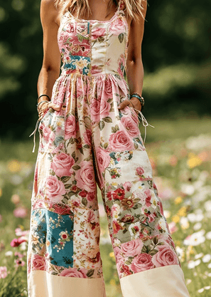 Women's American Retro Print Strappy Wide-Leg Jumpsuit