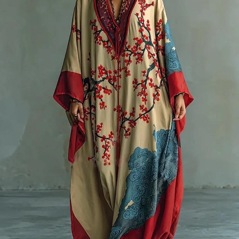 Women's Casual Loose V-neck Forged Face Printed Long Dress