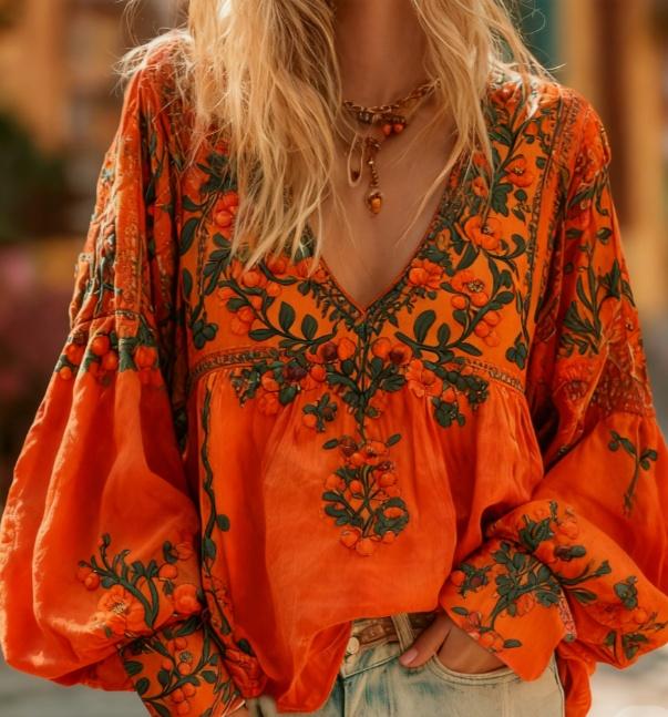 Floral Embroidery Casual V-neck Puff Sleeve Top