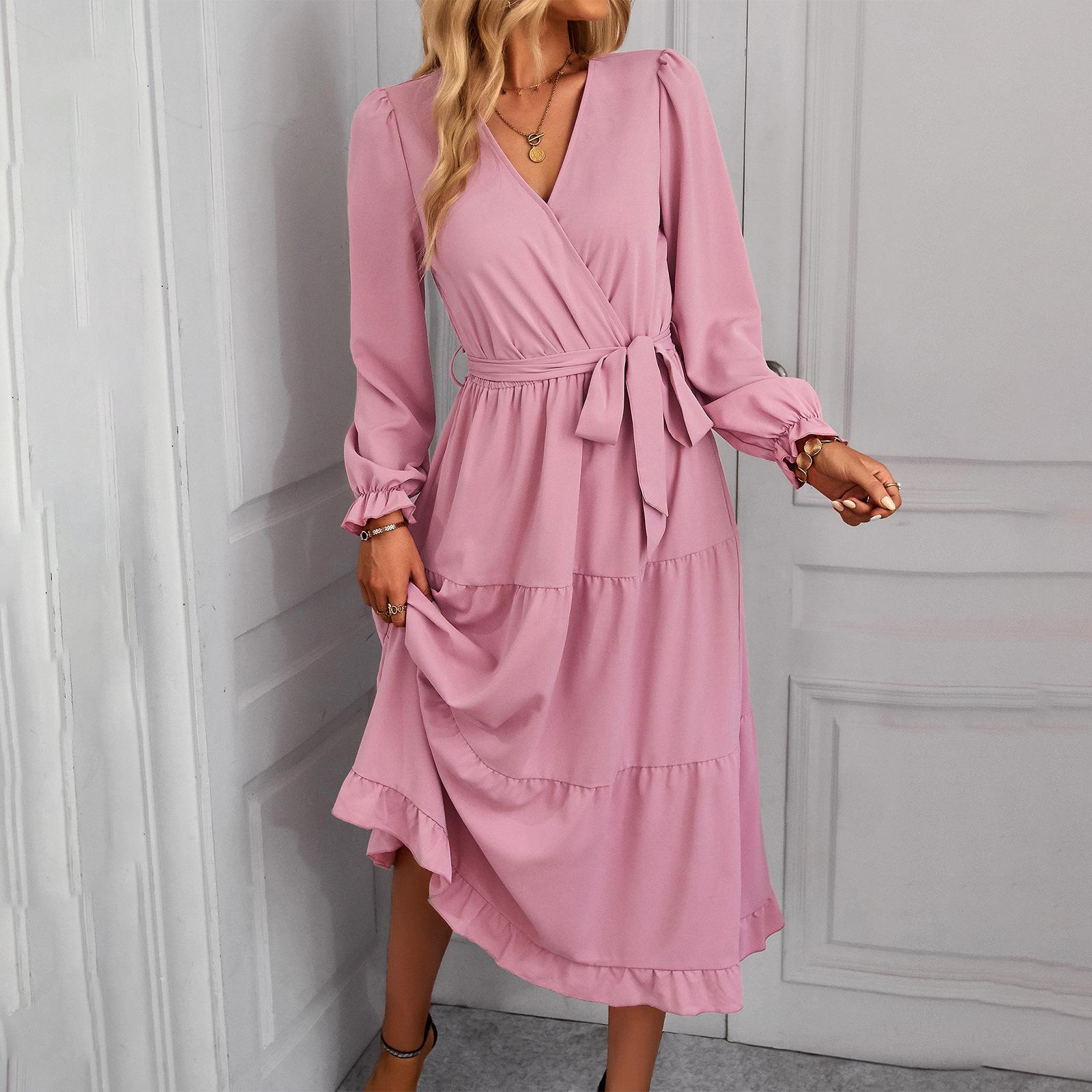 Womens Solid-color Casual Long Dress With A Flared Hem